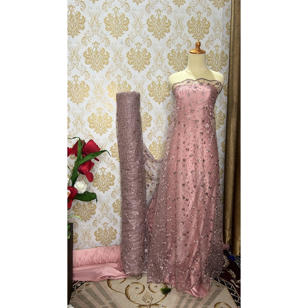 Kain Tile tule akar bordir mutiara mewah Tile atas bawah cocok untuk gamis, tunik, dress dan kebaya