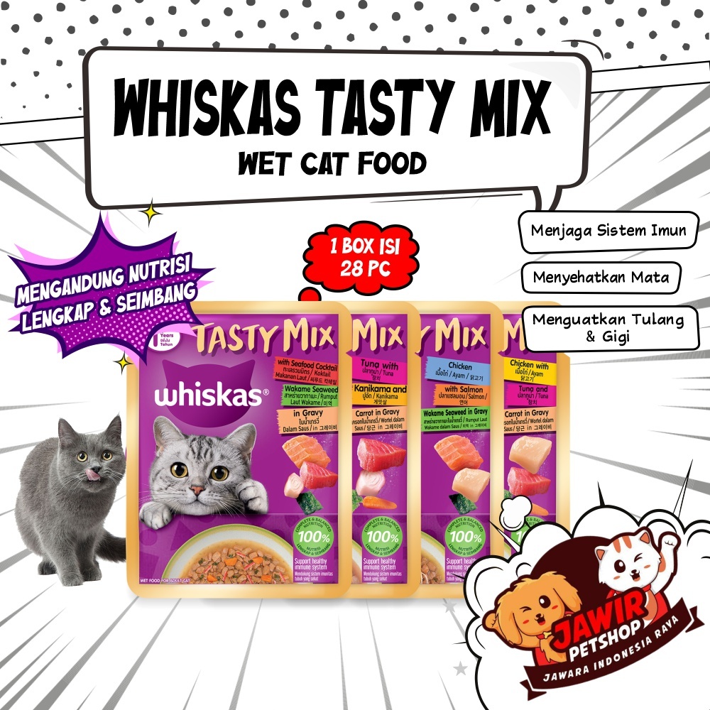 1 DUS ISI 28PCS WHISKAS TASTY MIX pouch wet cat food wiskas makanan kucing basah murah untuk adult d