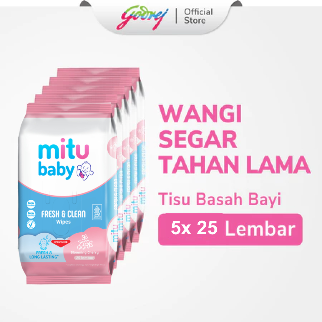 Mitu Baby Tisu Basah Fresh & Clean Wipes Blooming Cherry 25s x5 - Tissue Basah Bayi