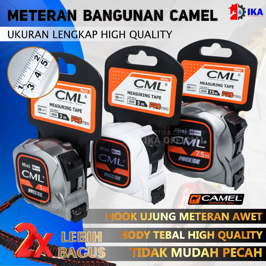 Meteran Tukang / Measuring Tape / Meteran Camel Mini Ukuran 3 Meter, 5 Meter, dan 7,5 Meter Meteran 