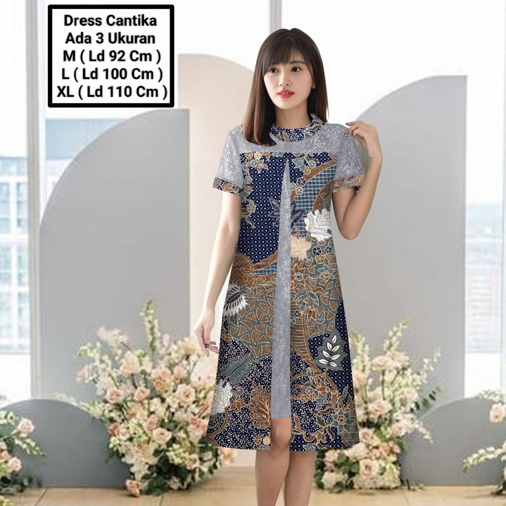 DYA369 Dress nita Midi Model Terbaru Matt Batik Kombinasi Brokat Mutiara/Dress Cantika Batik Size
