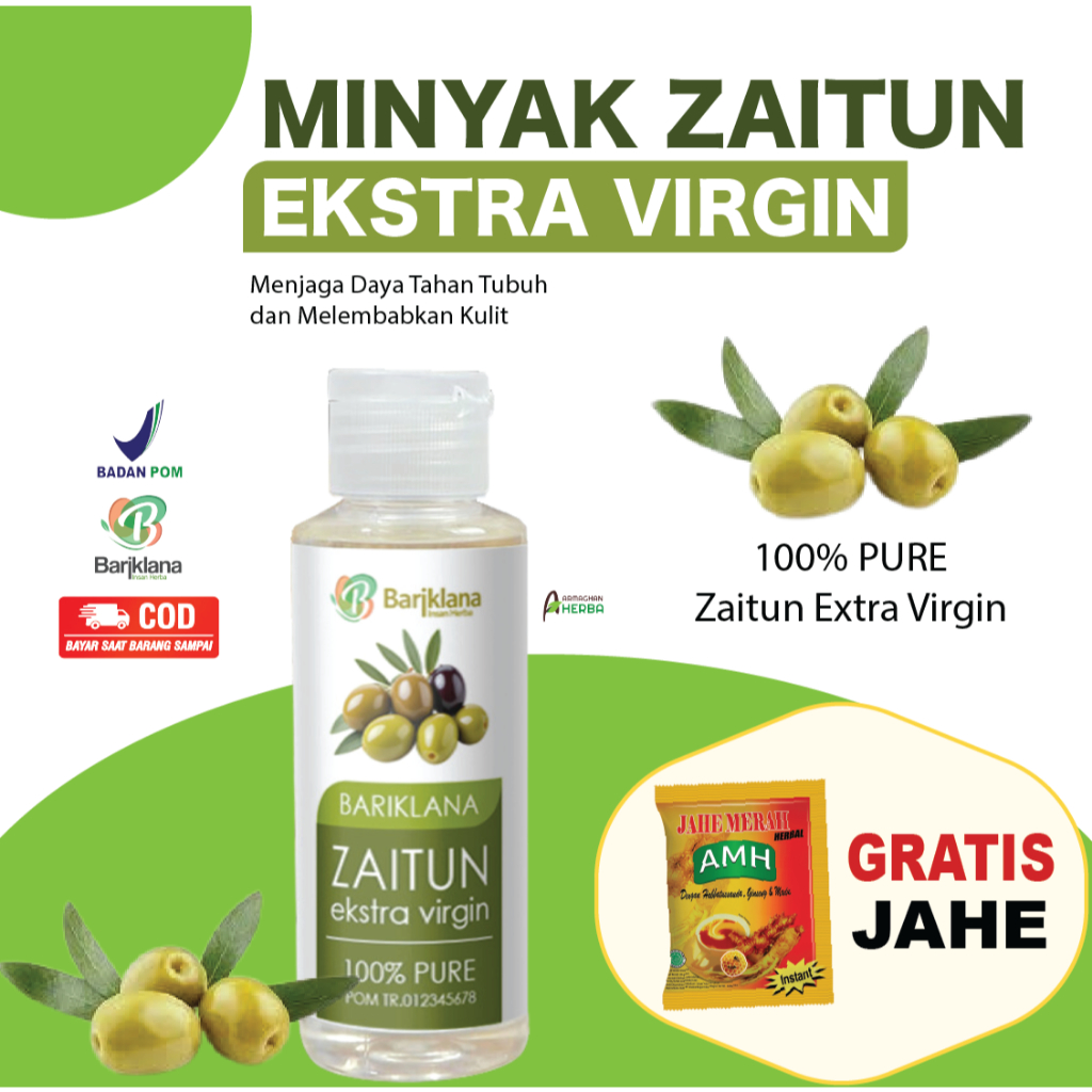 

[ GRATIS JAHE ] MINYAK ZAITUN Ekstra Virgin Memperlancar Aliran Darah - Mengontrol Kolestrol - Mengontrol Tekanan Darah - Meningkatkan Kecerdasan Otak - Mencegah Penyakit Kanker - Mengurangi Sembelit dan Meningkatkan Kesehatan Usus | Isi 100 ml