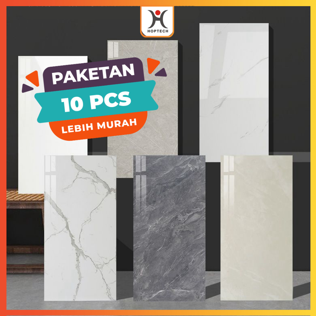 Hoptech - Paket 10 Pcs Wallpaper Vinyl Marble 30x60cm | Stiker Lantai Granit & Lemari Cabinet