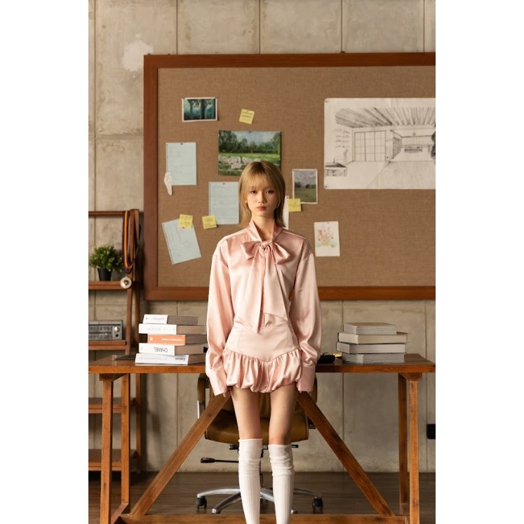 Snatched YALE Shirt Blouse Kemeja Satin - Top Satin Oversize Tali Belakang