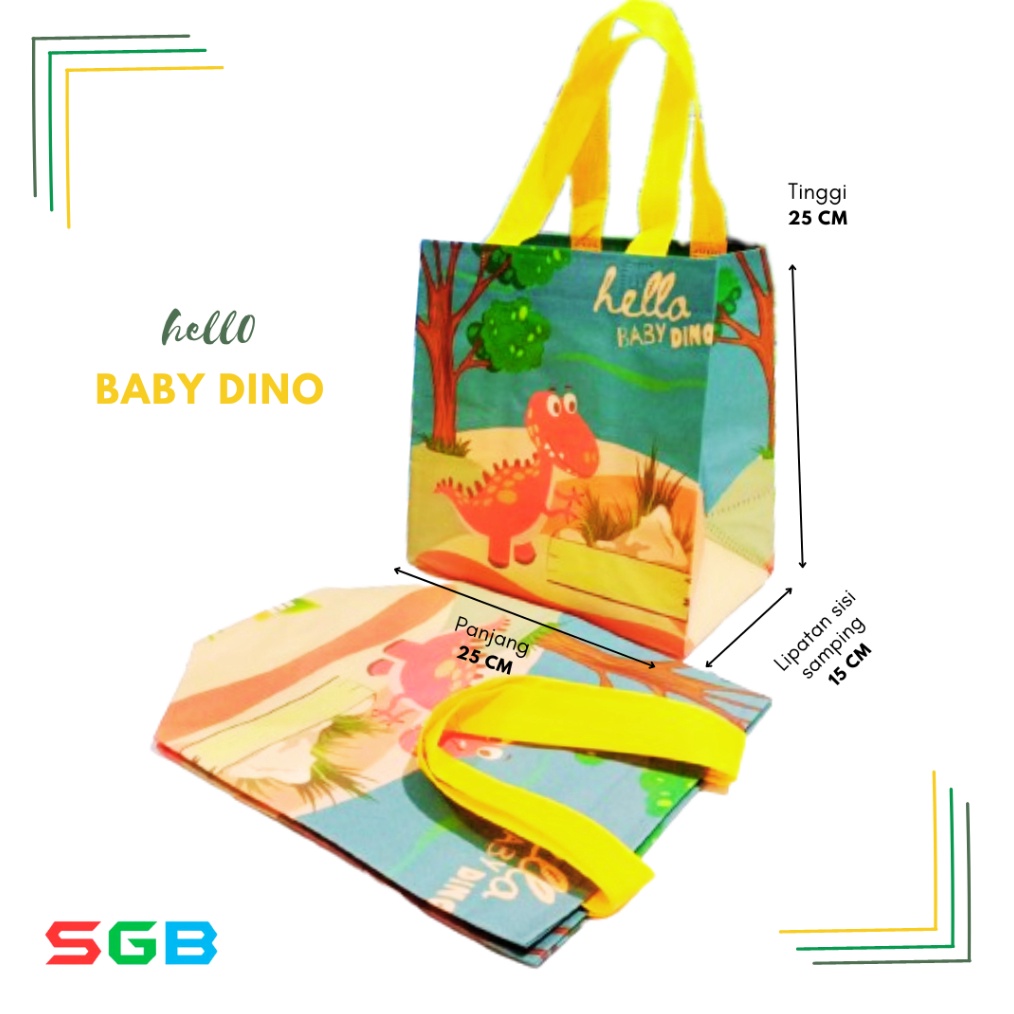 

1 Lusin isi 12 pcs Tas Spunbond Laminasi box Hello DINO Karakter lainnya 25x25x15 tas serbaguna tas souvenir