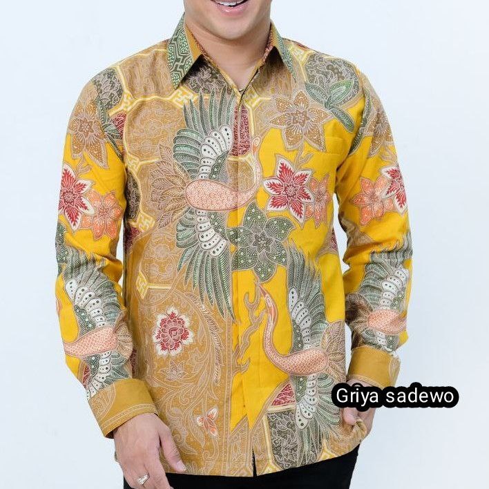 Baju Kemeja Batik Pria Dewasa Lengan Panjang Tulis Kombinasi Motif Manyura Kuning