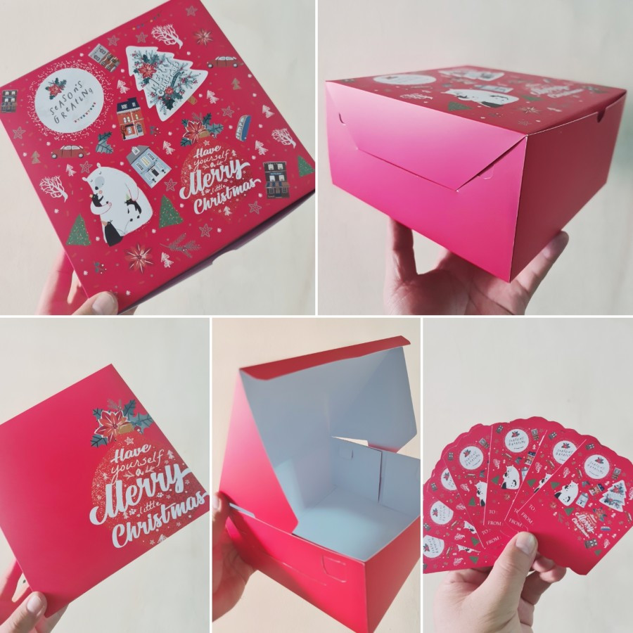 

10 pcs box kemasan kue bolu ukuran 22x22x10cm season greating red christmas