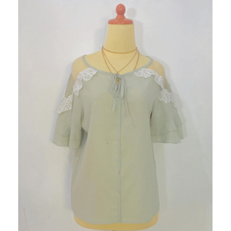 Atasan blouse blus wanita vintage korean look lengan terompet pita bahan stretch melar mix brukat br