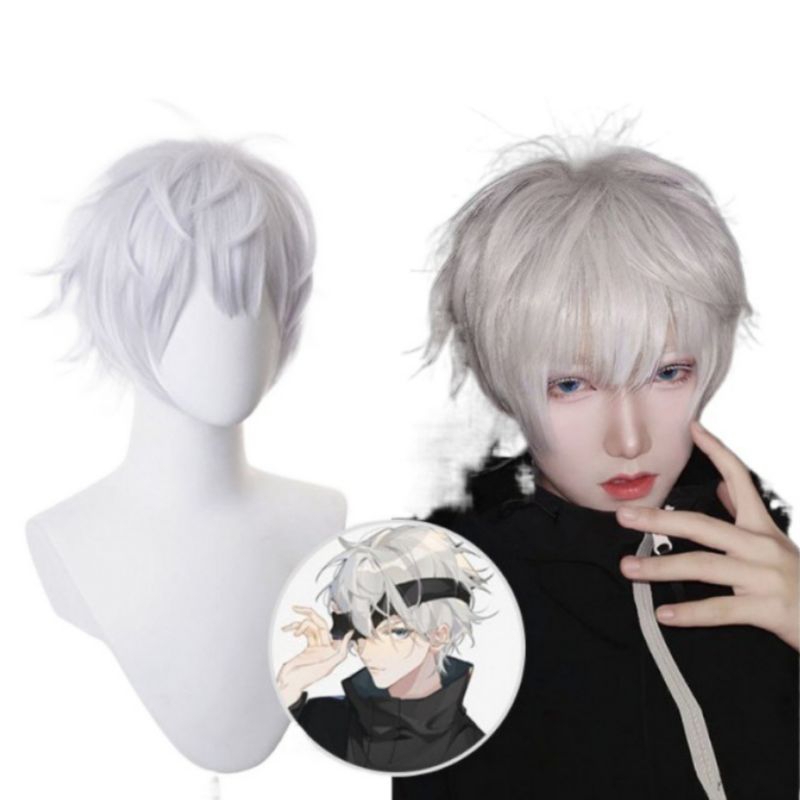 Wig Pendek Anime Jujutsu Kaisen Gojo Satoru Rambut Palsu Cosplay Anime Warna Putih Free Wigcap