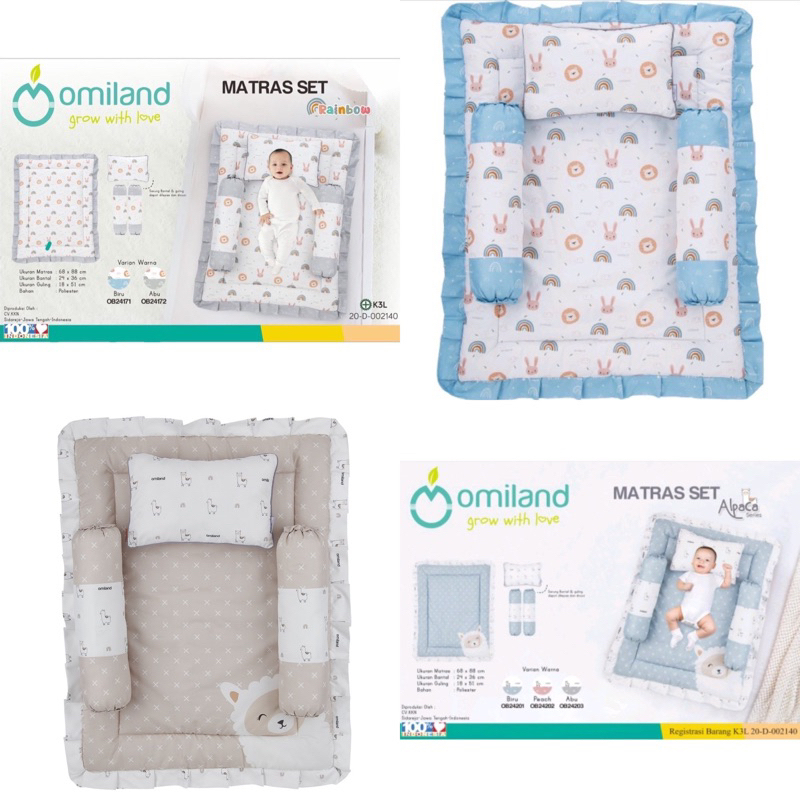 Omiland Set Matras/Alas Tidur Bayi dengan Bantal dan 2 Guling