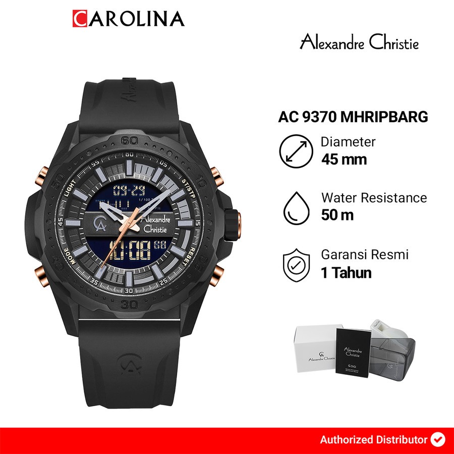 Jam Tangan Pria Alexandre Christie AC 9370 MHRIPBARG Digital Analog Black Dial Black Rubber Strap