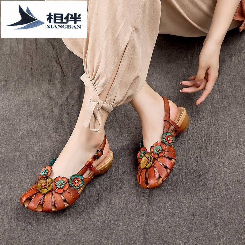 SandalWanitaHak Rendah,Sepatu Wanita Kulit Lembut, Sepatu Hak RendahTali Belakang,