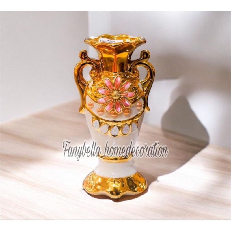 Vas Bunga Keramik Gold Emas Kuning Motif bunga