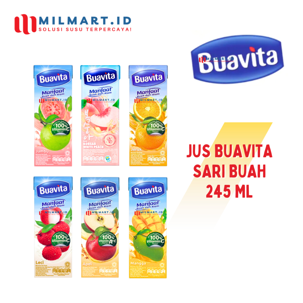 

BUAVITA FRUIT JUICE 245ML JERUK/APEL/JAMBU/MANGGA/LECI/PEACH MINUMAN SARI BUAH