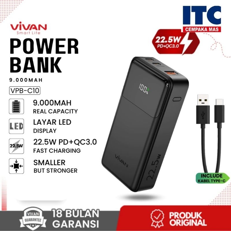 Powerbank Mini Vivan VPB-C10 9000mAh 22.5W Original Bergaransi C10