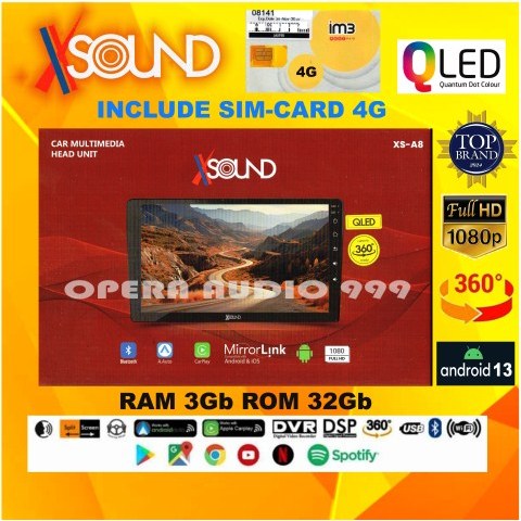 Head unit android 9 inch XSOUND XS-A8 4G ram 3 / 32 QLED support 360 dan free  sim card Indosat