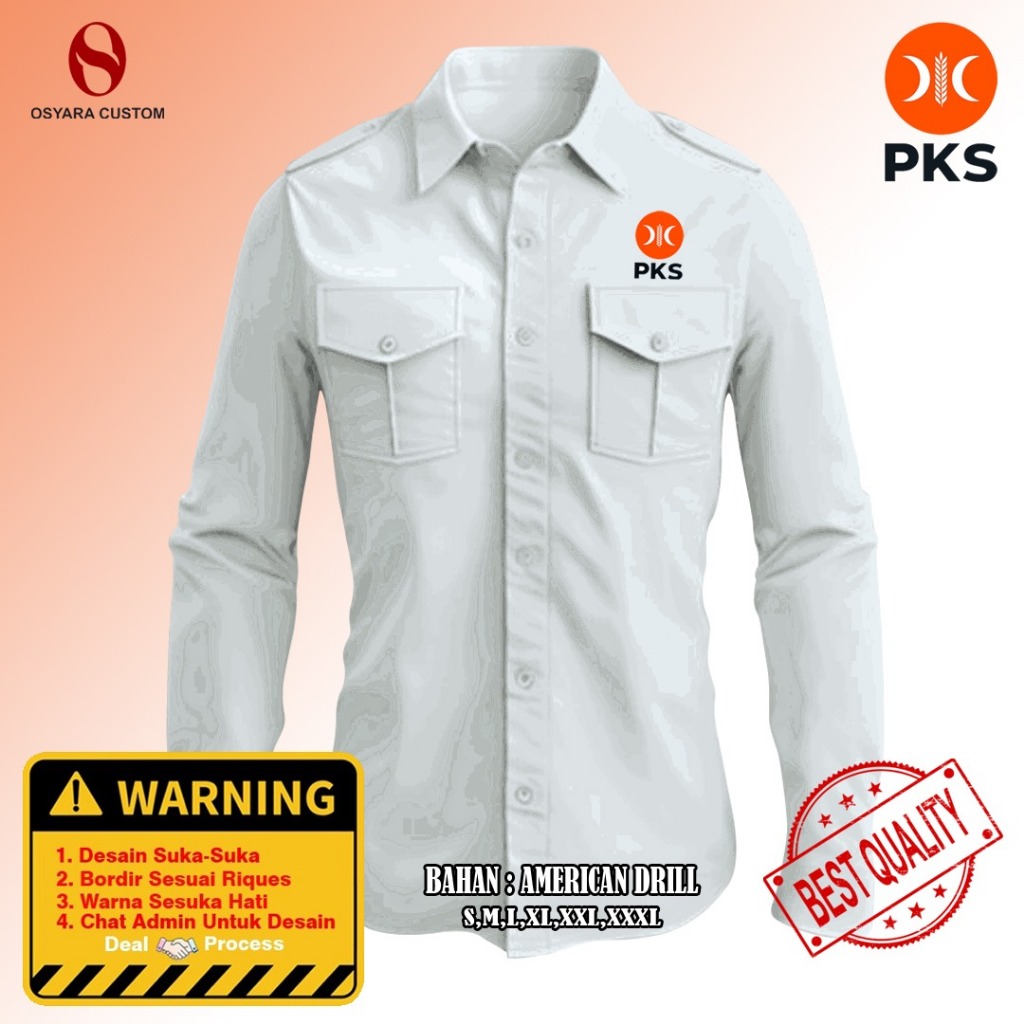 Kemeja Partai PKS Lengan Panjang / Kemeja Partai PKS Custom Bordir Satuan / Baju Kemeja Kerja Partai
