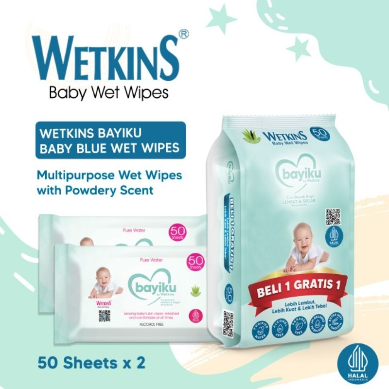 TISSUE BASAH  BAYI BAYI BABY WET WIPES WETKINS 50 SHEETS - BLUE ALCOHOL FREE PURE WATER