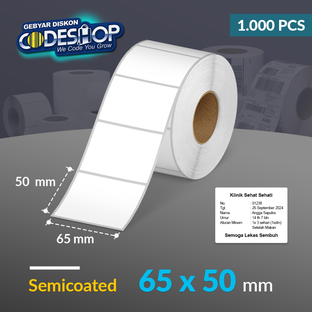 

Codeshop Label Stiker Semicoated 65x50 / 65 x 50 mm 1 Line Sticker Printer Barcode Isi 1000 Pcs
