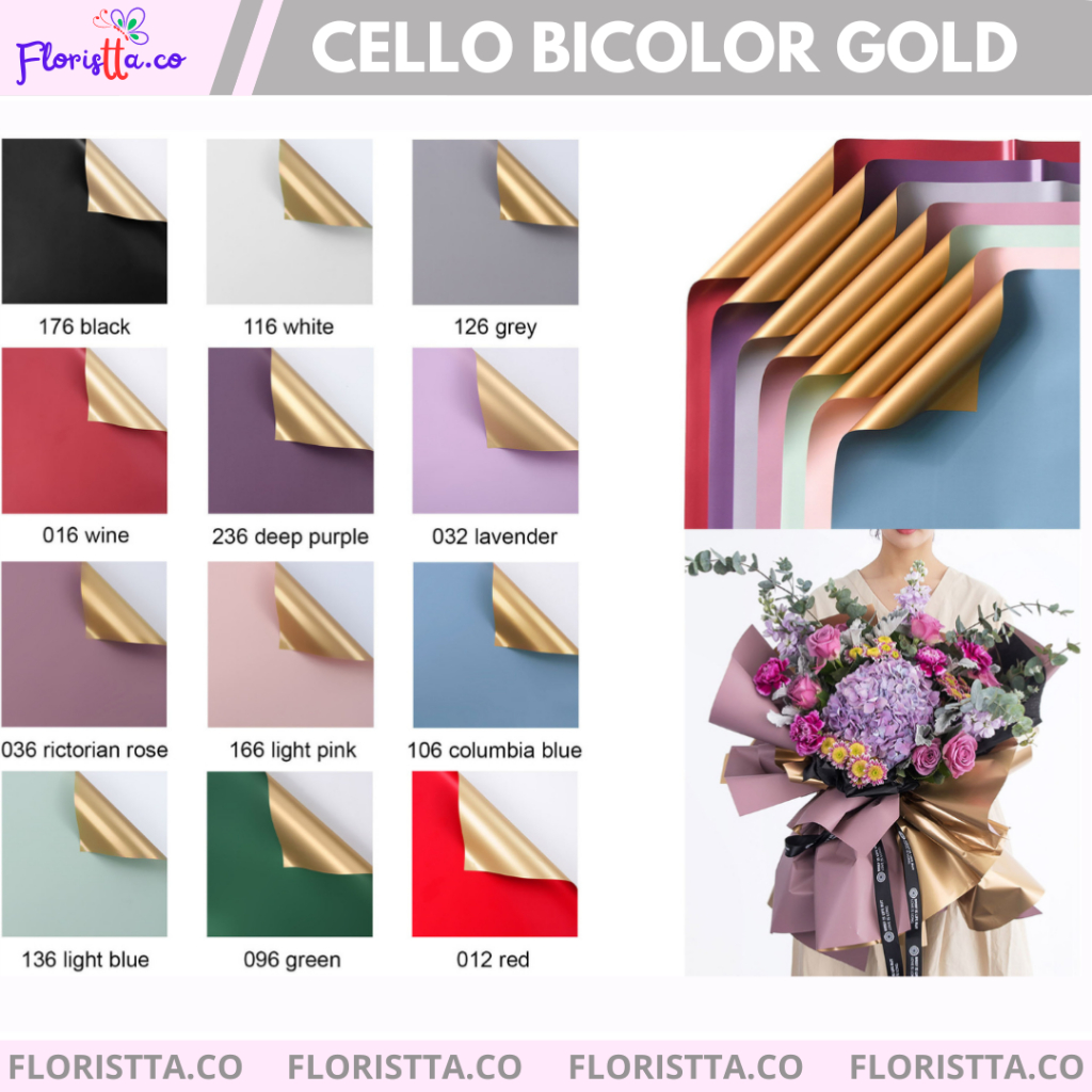 

(Lembaran) Cellophane Bicolor Gold Flower Wrapping/kertas bucket