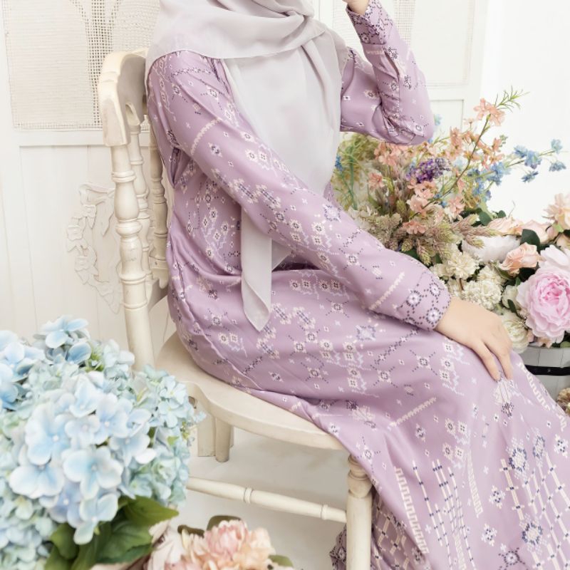 Elliza Official - Nadheera Dress Bahan Maxmara Luxury Print Warna Purple Gamis Busui Homedress Size 