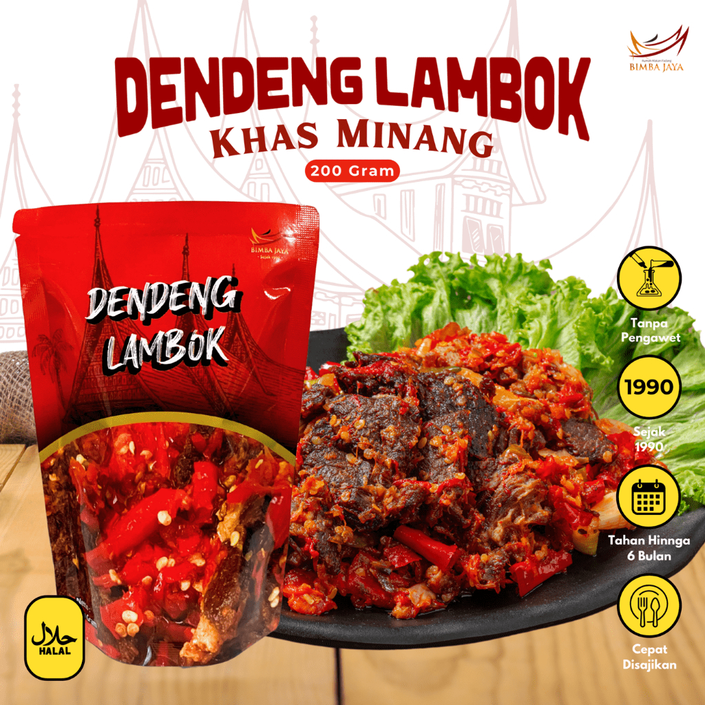 

Dendeng Balado Lambok Daging Sapi Padang Pedas Basah Frozen Kemasan 200 gram Siap Makan Bimba Jaya