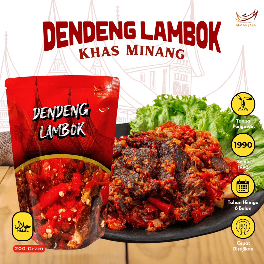 

Dendeng Daging Sapi Lambok Padang Pedas Balado Basah Frozen Kemasan 200 gram Siap Makan Bimba Jaya