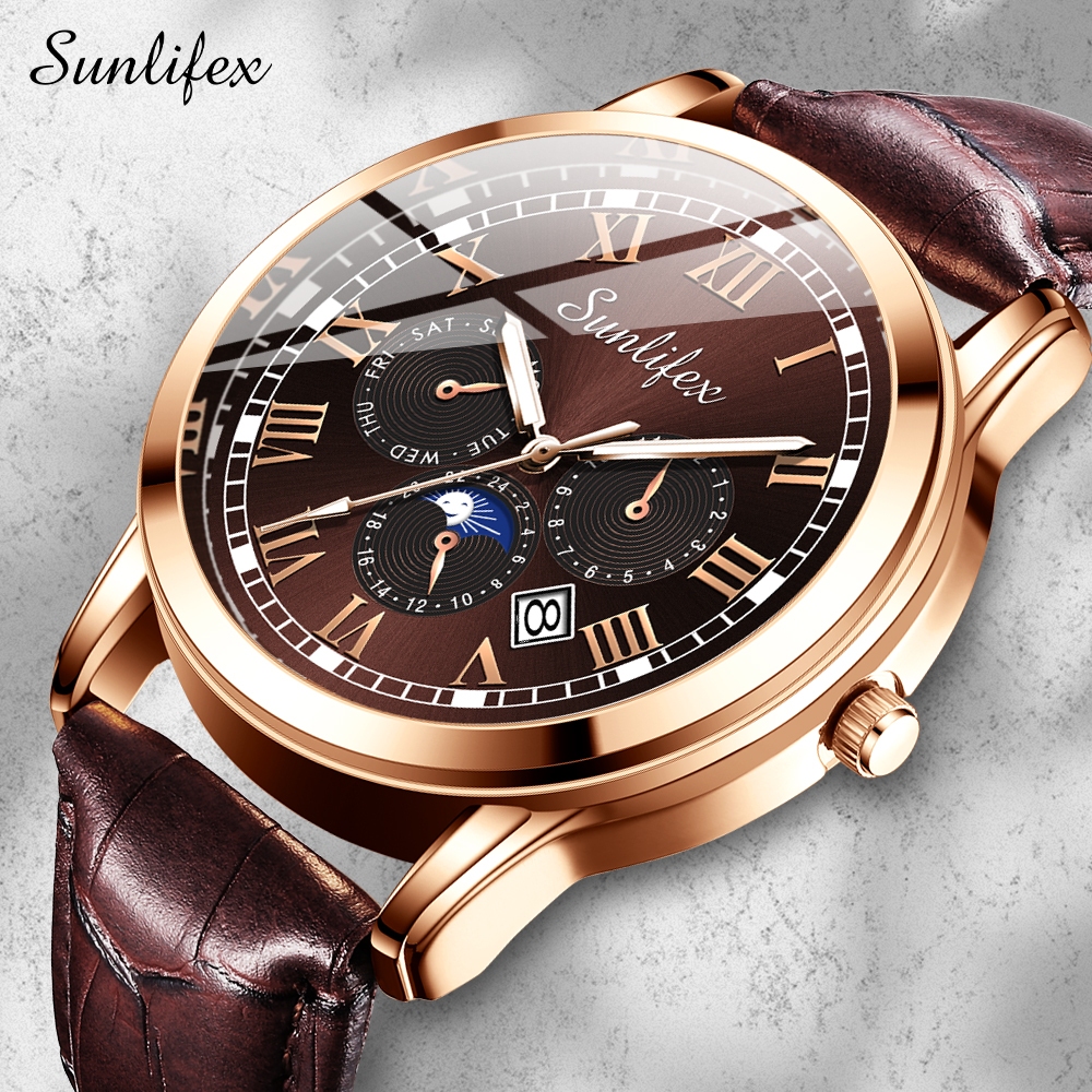 Sunlifex Jam Tangan Pria Klasik Anti Air Kuarsa Pria Tali Kulit Kalender Jam Tangan Cowok 7003