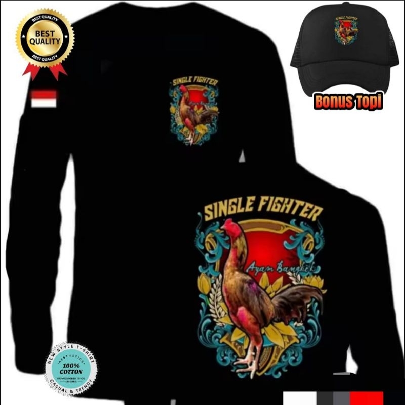 KAOS TANGAN PANJANG SINGLE FIGHTER AYAM BANGKOK BONUS TOPI