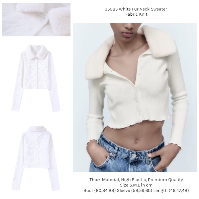 35085 Sweater Putih Bulu Lengan Panjang White Fur Knit Neck Sweater