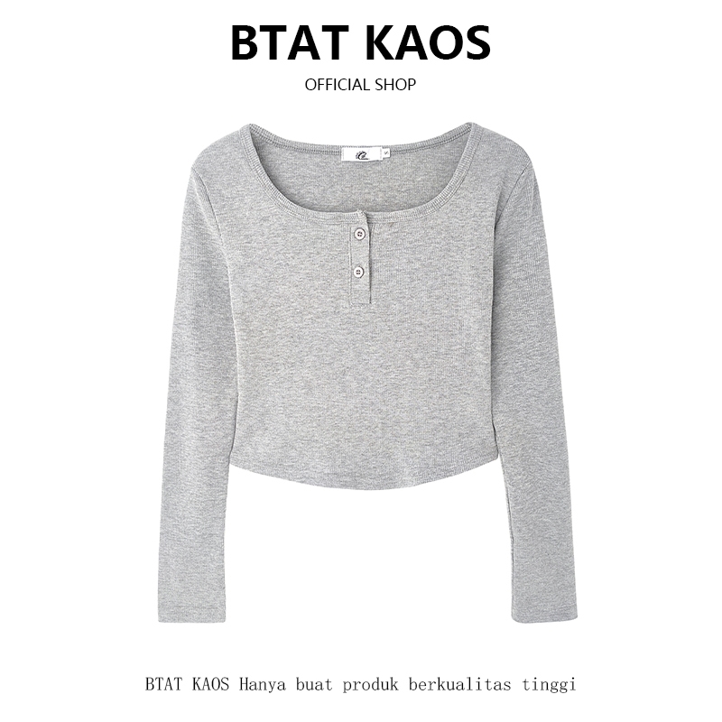 BTAT Atasan Longsleeve Kancing Depan Wanita Kekinian / Kaos Crop Leher Persegi Korean