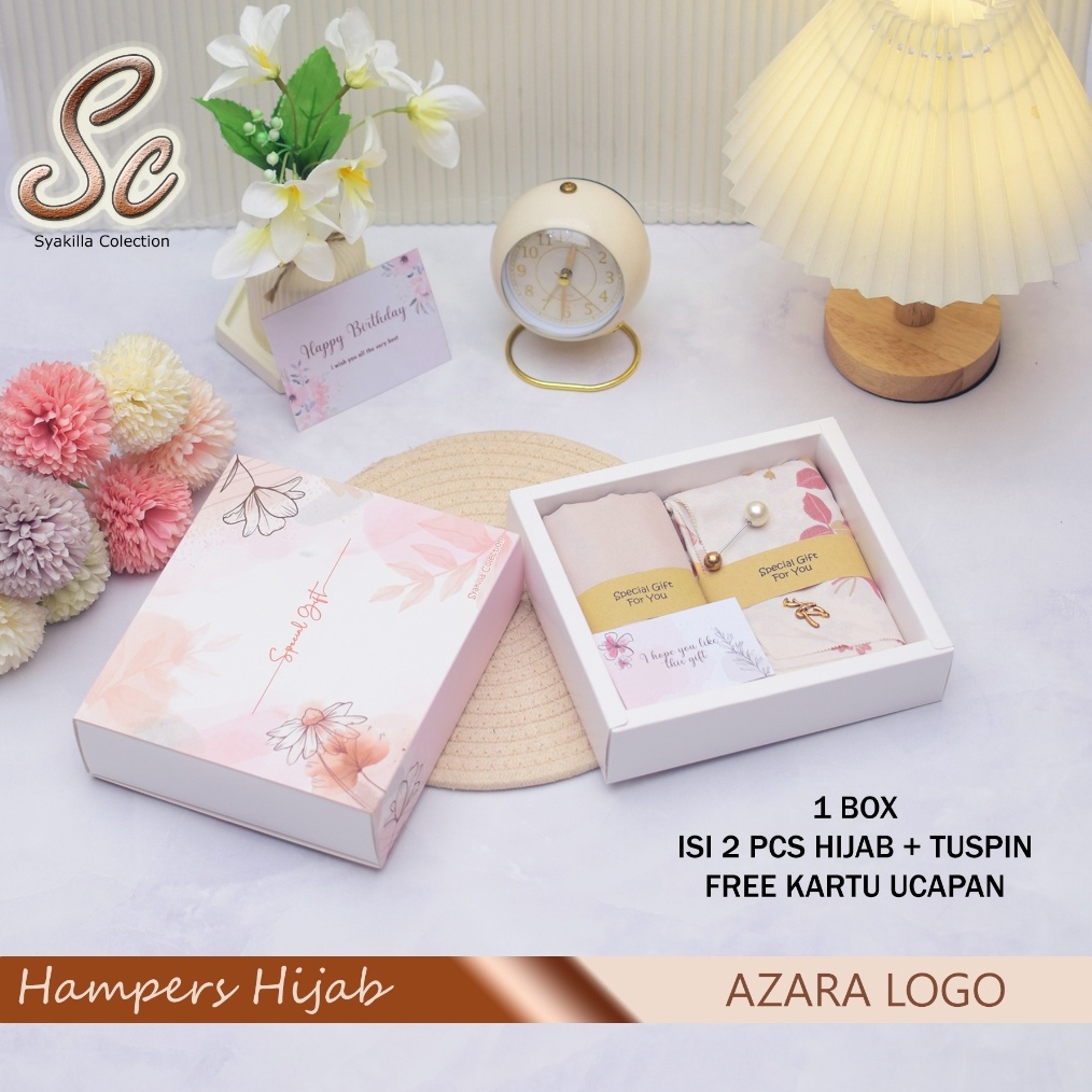 

Hamper hijab Segiempat Azara motif metal Hadiah guruweddingulang tahun idul fitri dll