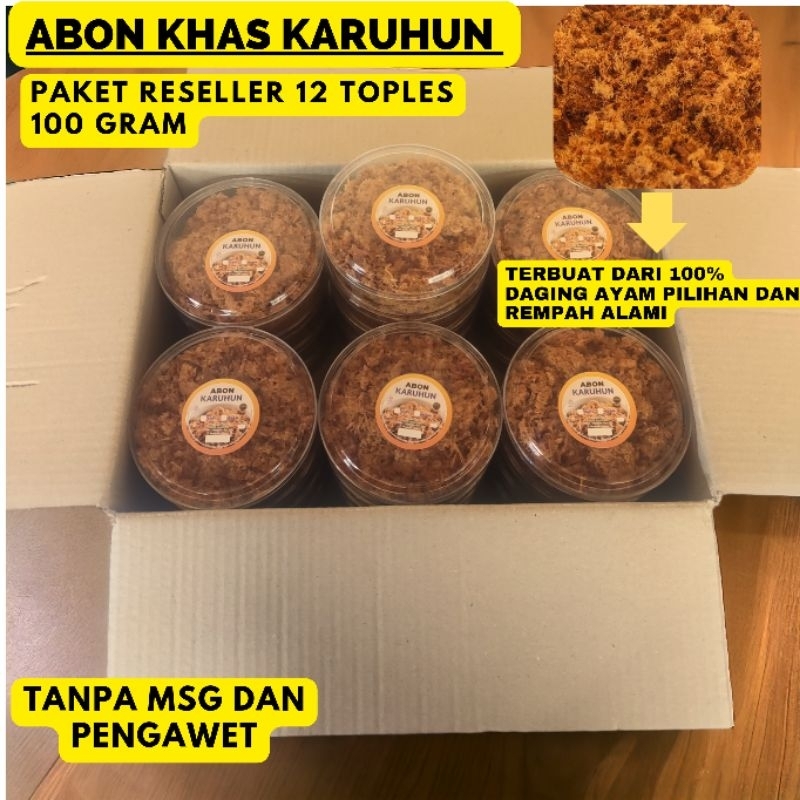 

Paket Reseller 12 Toples 100g Abon Ayam Karuhun Murni Daging