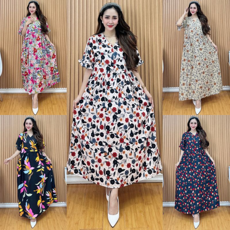 Dress Rayon Busui V Neck Daily Dress Busui Resleting Midi Dress Lengan Rempel Motif Viral Kekinian T