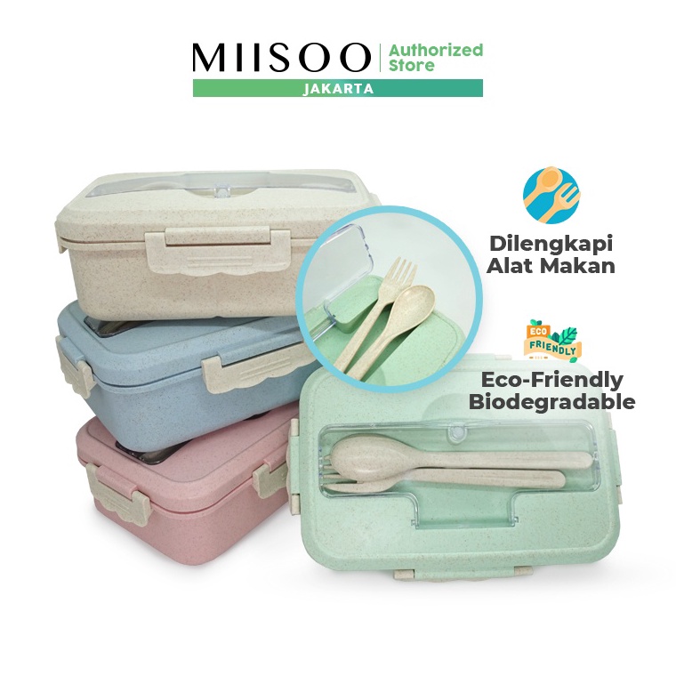MIISOO Lunch Box Set Kotak Bekal Makan Jerami Gandum kotak makan Anti Tumpah Sendok dan Gau