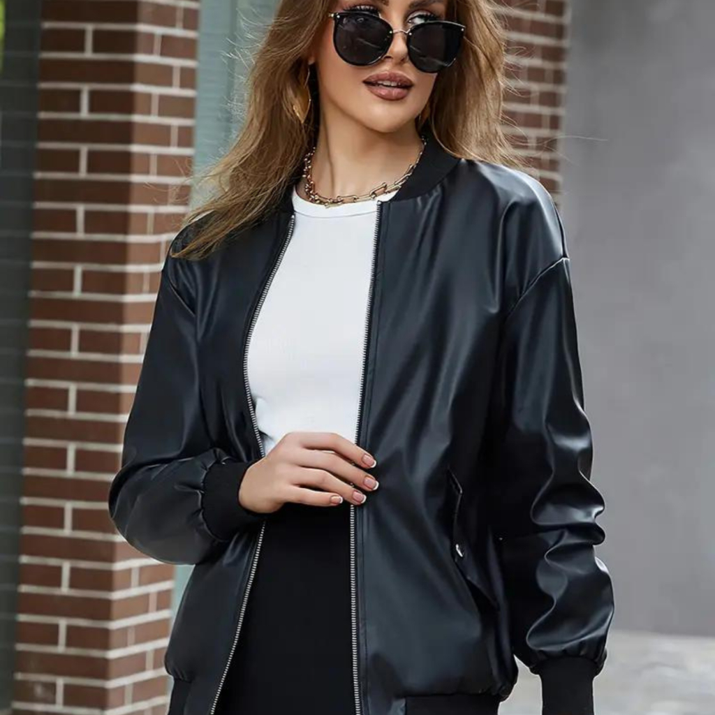 Jaket Ritsleting Depan Warna Solid, Vintage Drop Shoulder Lengan Panjang Kulit Imitasi untuk Musim G