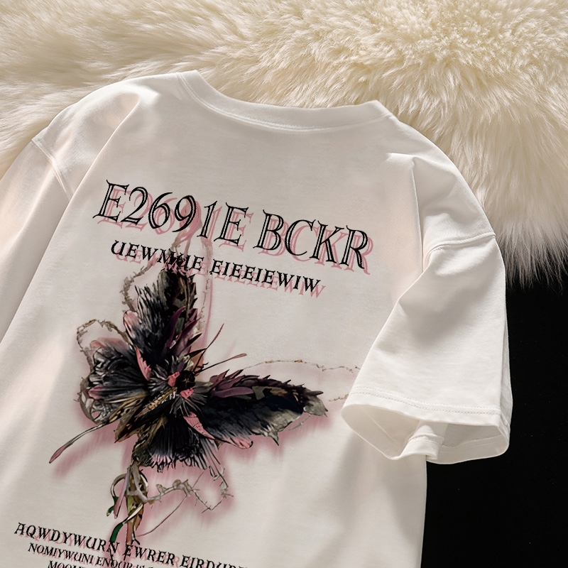 k296 lybh_store T-shirt Hitam Washed Oversize print Cotton Butterfly Pattern Print Kaos Lengan Pende
