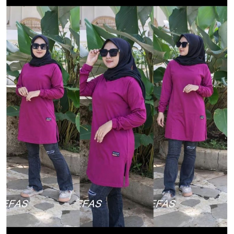 atasan wanita model tunik polos pake karet lengan panjang bahan katon kombate20s