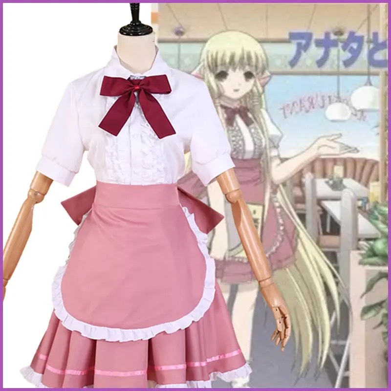 Anime Chobits Chi Cosplay Costume Chi Wig Pink Maid Dress Lolita Accessories Woman Sexy Kawaii Hallo