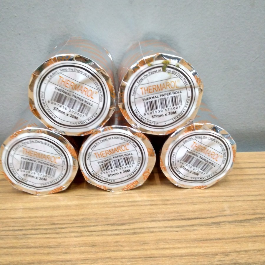 

kertas thermal roll merek thermarol ukuran 57mm x 30M core 1/2inch 1dus isi 100roll