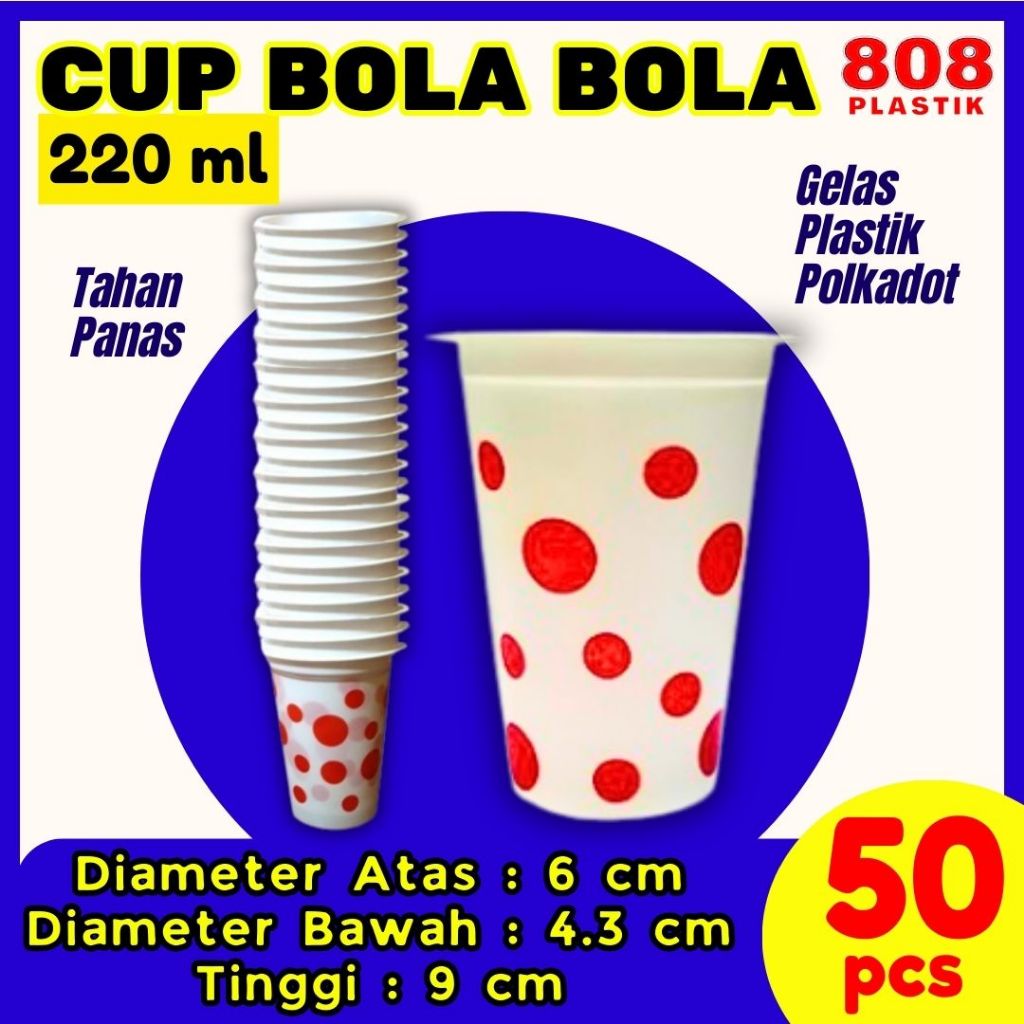 Cup Bola Bola Merah Polkadot Gelas Plastik Putih Susu Bola Merah 220ml