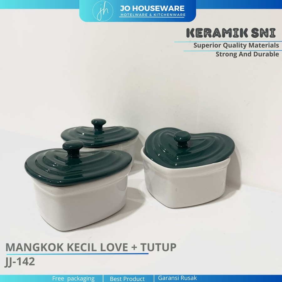 Mangkok love kecil putih + tutup hijau keramik / mangkok love mini hotelware / bowl + lid SET 3 PCS 