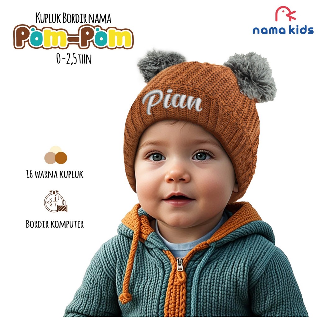 TOPI KUPLUK BAYI POMPOM BORDIR NAMA SATUAN CUSTOME KUPLUK POMPOM BORDIR NAMA KUPLUK BAYI
