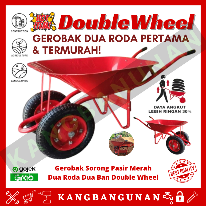 Gerobak Sorong Dorong Cor Pasir Merah Bangunan Dua Roda Dua Ban Double Wheel Red Set Troli