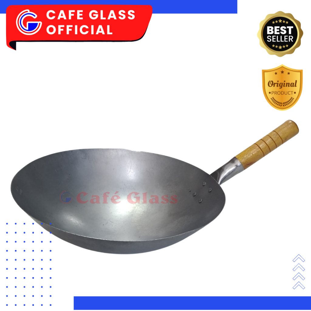 Wajan Wok Plat Gagang Kayu | Wok Nasi Goreng | Wajan Plat Anti Lengket