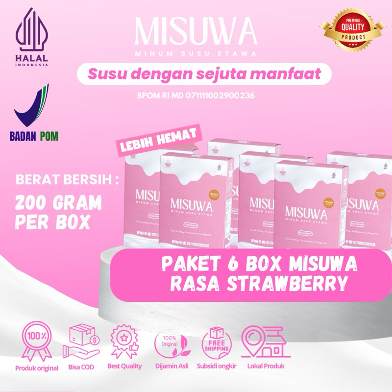 

PAKET 6 BOX Susu MISUWA - Susu Kambing Etawa rasa Strobery, Susu Stroberry Susu Bubuk Susu Kesehatan Tulang Susu Sendi dan Otot