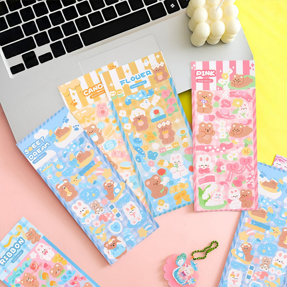 

Sticker Waterproof Kartun Bear Rabbit Hologram Korea / Stiker Motif Anti Air Cute Decoration / Stiker Beruang Kelinci Stockami C1107