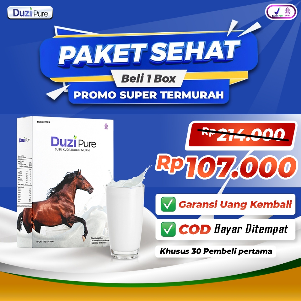 

Duzi Pure - Susu Kuda Lombok Kalsium Atasi Nyeri Sendi, Asam Urat, Kebas & Kesemutan 100% Original