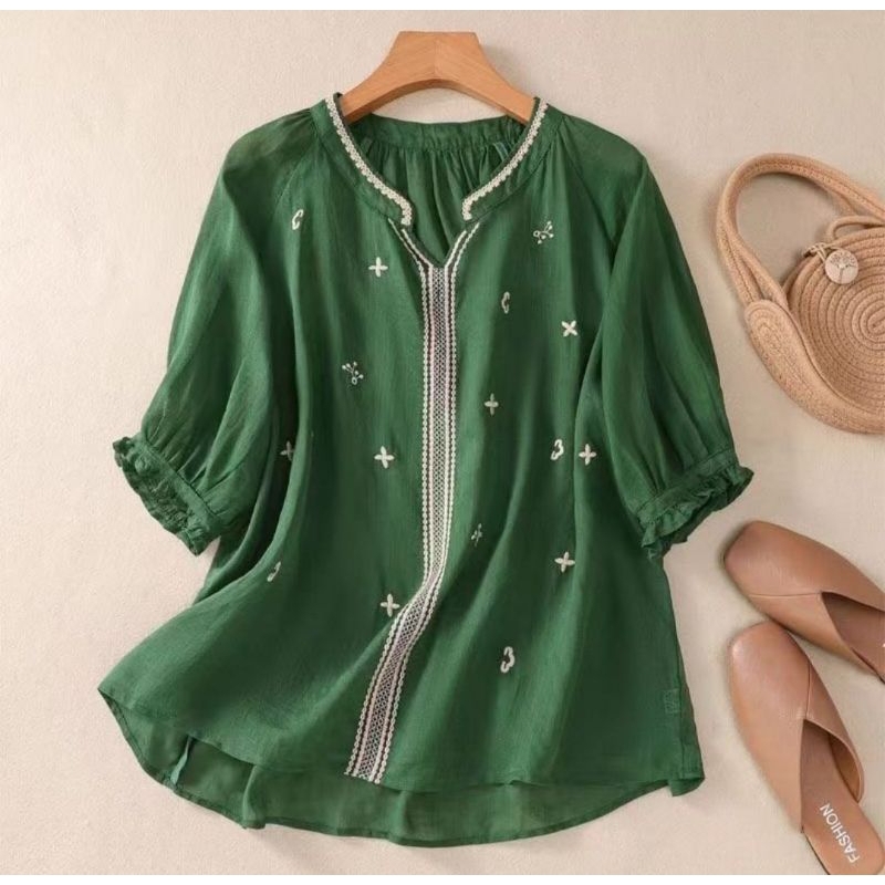 baju blouse bahan katun linen motif bordir