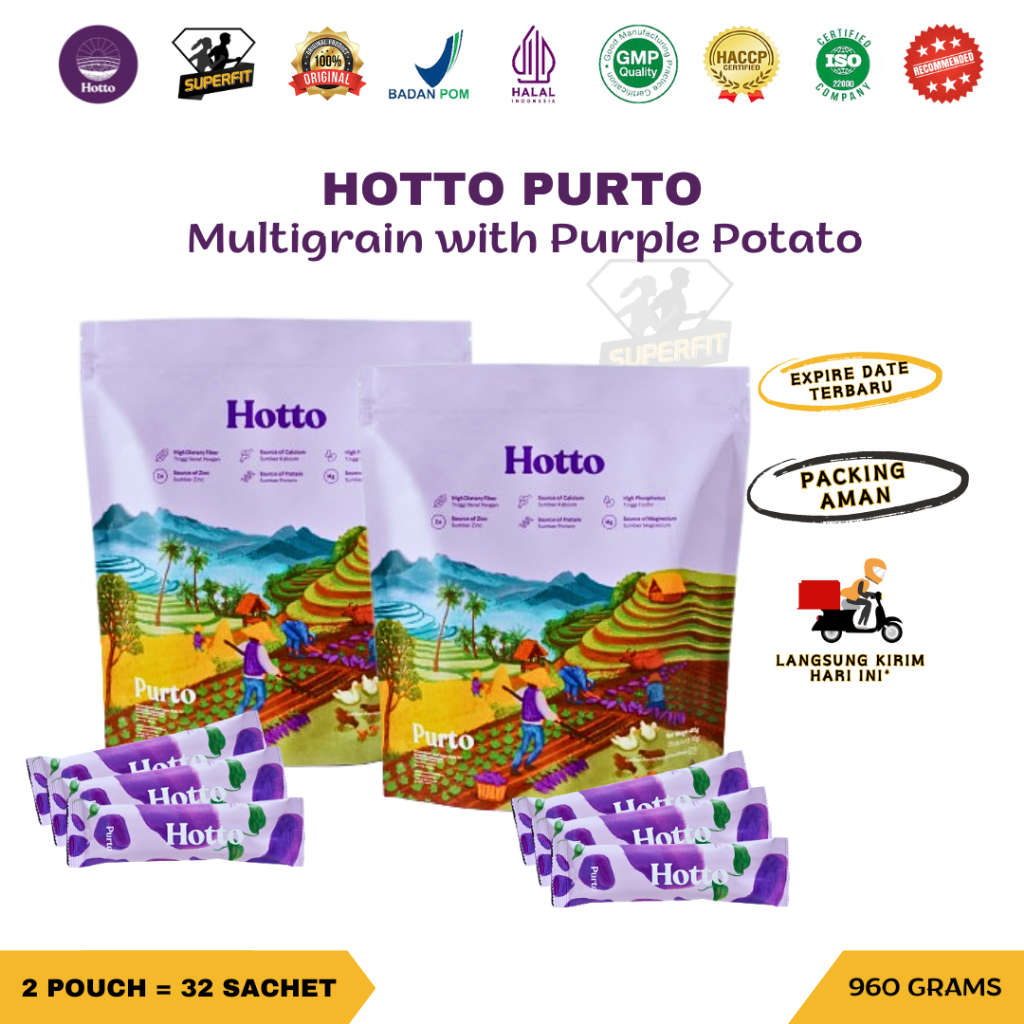 

HOTTO PURTO Paket 2 Pouch / 32 Sachet Multigrain with Purple Potato Organik Prebiotik Oat Beta Glucan Diet Sehat Sereal Ubi Ungu Edamame MAME Protein Rendah Kalori BPOM HALAL